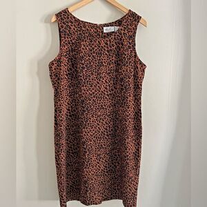 Vintage 90s Leopard Print Midi Dress Womens 14 Brown Black Sheath Sleeveless